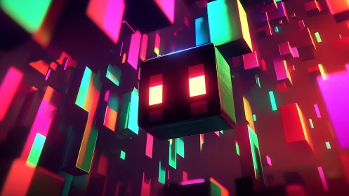 Neon voxel cube drifts through glowing cyber tunnel of light.