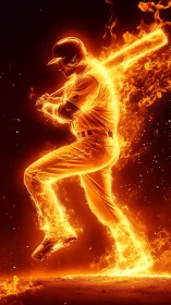 Flaming baseball batter in dynamic swing pose rendered digitally.