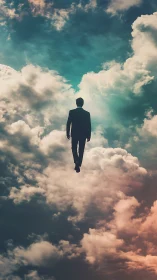 Silhouetted man in suit walking upward through vivid clouds.