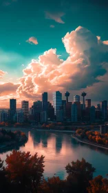 Sunlit city skyline under towering sunset clouds.