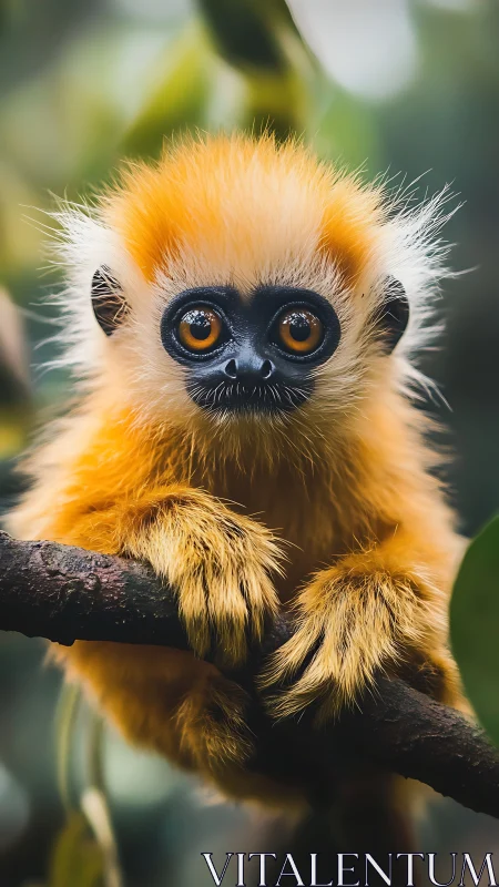 Golden-furred infant monkey portrait with shallow depth-of-field