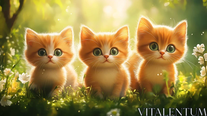 Three Ginger Kittens Bask in Enchanted Meadow Light.