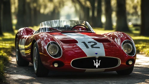Low-angle view of classic red race roadster with central stripe