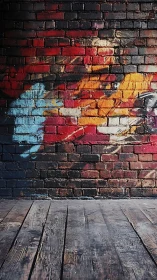 Brick wall with abstract graffiti above worn wooden floor.