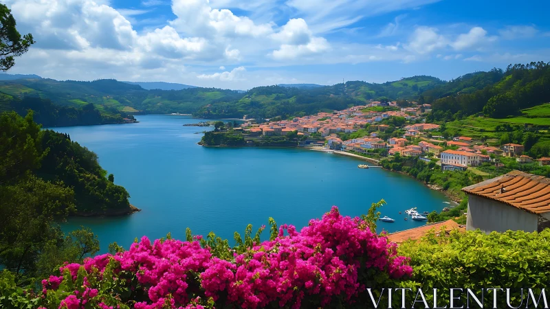 Coastal village lagoon with vivid flowers and green hills.
