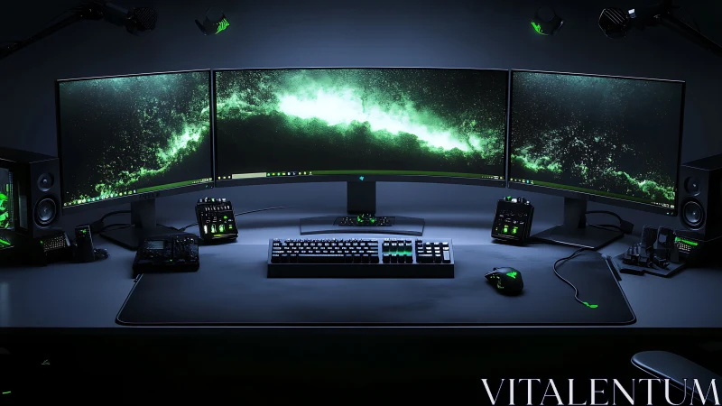 Triple-monitor desktop setup with green-lit peripherals.