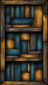 Rustic blue and gold wooden plank panel wall artwork.