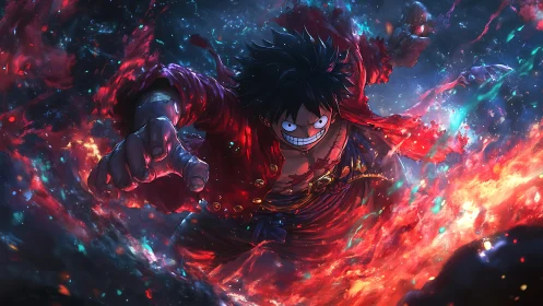 Fiery anime brawler charging through swirling cosmic flames.