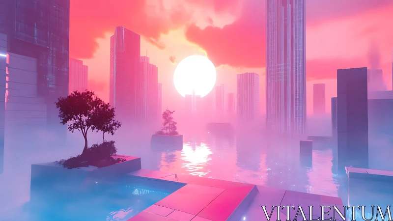 Soft neon sunrise over a tranquil futuristic harbor city.