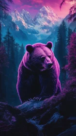 Neon grizzly dominates twilight forest beneath peaks.