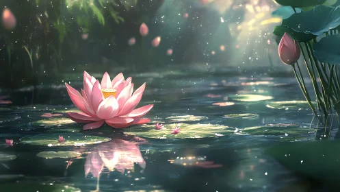 Pink lotus drifts on luminous pond under soft morning light.