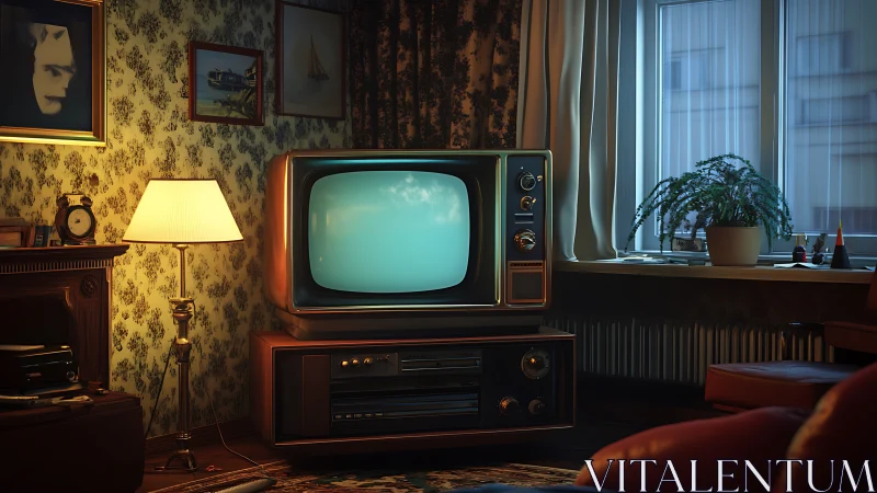 Cozy retro living room glowing around vintage television.