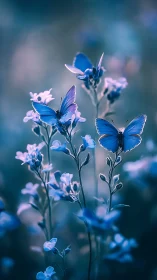 Photorealistic macro study of blue butterflies in bokeh meadow.