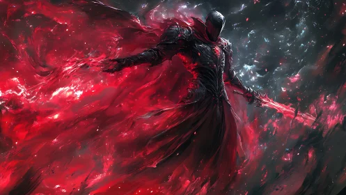 Dark armored warrior in red cosmic energy storm.