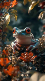 Macro-rendered tree frog amid bokeh-saturated foliage study.