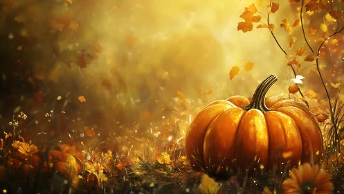 Golden autumn meadow with pumpkins and falling leaves.