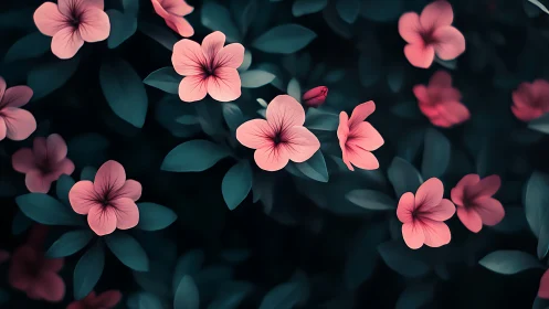 Coral Petals Dance in Teal Shadows. Moody Garden.