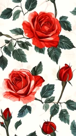 Red roses with green foliage on cream background illustration.