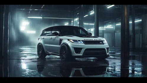 Midnight SUV poised in neon-lit rain-soaked warehouse.