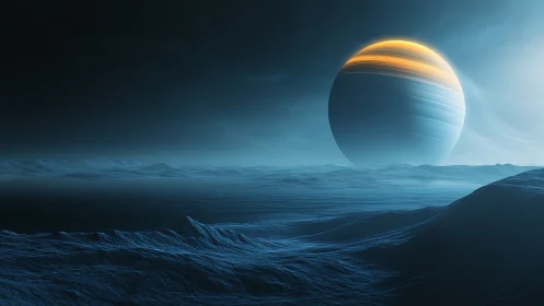 Icy alien seascape rests beneath a glowing ringed planet.