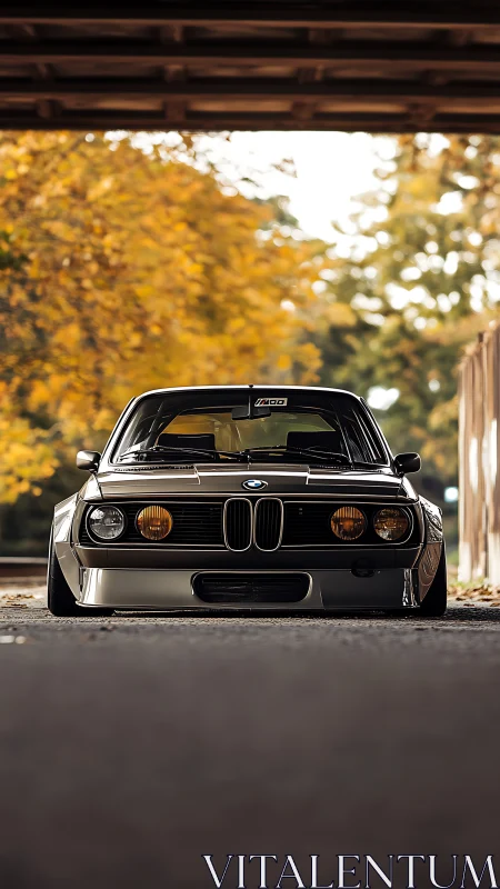 Low-slung classic BMW coupe with widebody stance under autumn canopy