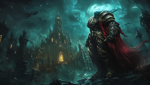 Spectral warlord before neo‑gothic citadel under stormlight.
