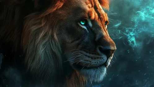 Majestic lion gazes into glowing blue mist with calm strength