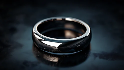 Polished metal band ring on dark reflective surface.