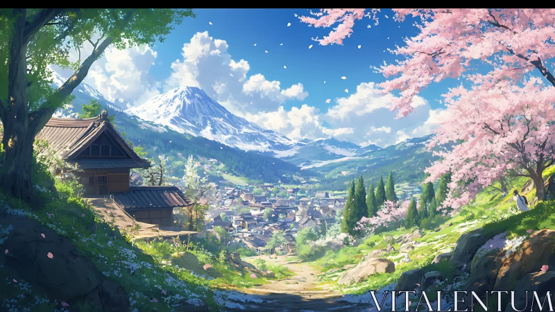Mountain village basks beneath cherry blossoms and clear sky.