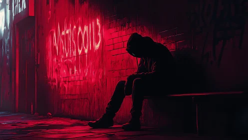 Hooded figure sits alone in neon red urban alley