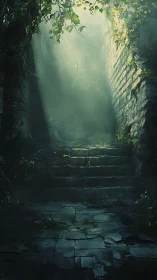 Misty stone stairway ascends toward a hidden forest light.