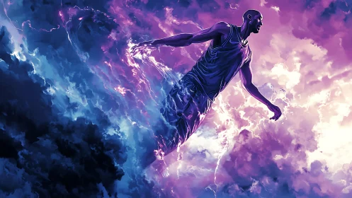 Sky-splitting baller ascends through storm-lit nebula clouds.