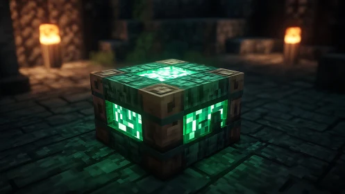 Glowing emerald cube in dim stone dungeon environment.