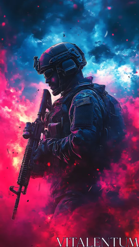 Neon storm swirls around a focused futuristic soldier stance