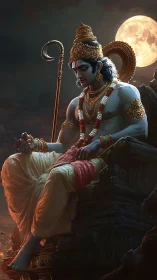 Divine warrior seated on ornate throne under moonlight.