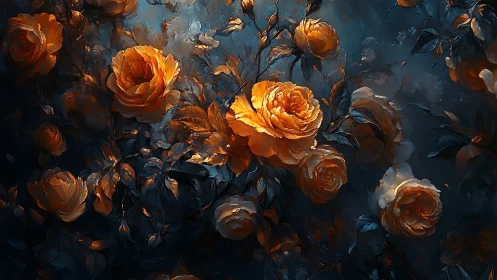 Golden Roses Against Deep Blue Night.