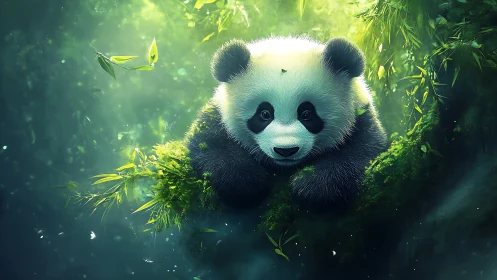 Young panda in lush green forest with soft glowing light.
