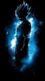 Electric warrior silhouette hums inside a storm of blue dust