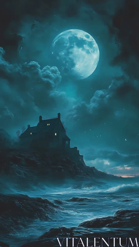 Digital painting of lunar-lit cliff house above storm sea.