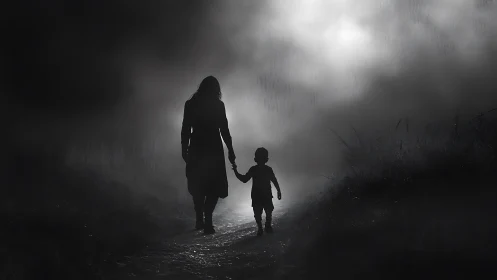 Two figures silhouetted on rural path at dusk.