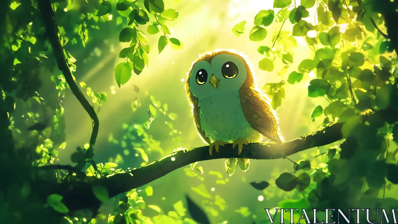 Adorable cartoon owl perched on a sunlit forest branch, digital art.