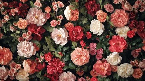 Dense multicolored rose wall with layered green foliage background.