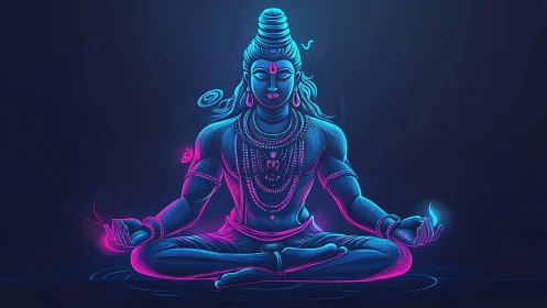 Neon blue and pink meditative deity in seated lotus pose.