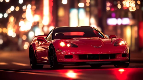 Crimson sports coupe idling under luminous city lights.