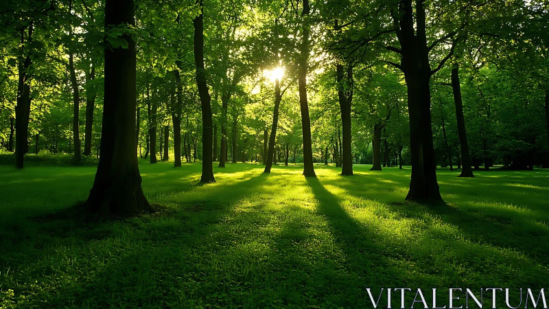 Sunlight Filtering Through Lush Green Forest in Serene Nature Scene.