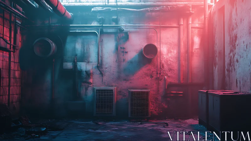 Industrial alley wall under contrasting cyan and magenta volumetric light