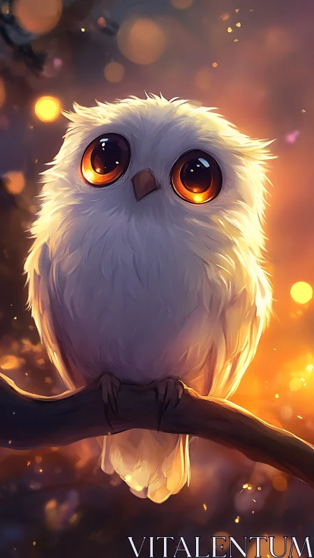 Luminous white owl with oversized amber eyes at dusk.