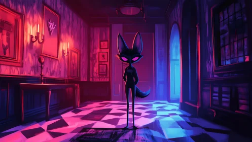 Shadow fox silhouette stalks neon-lit haunted hallway.
