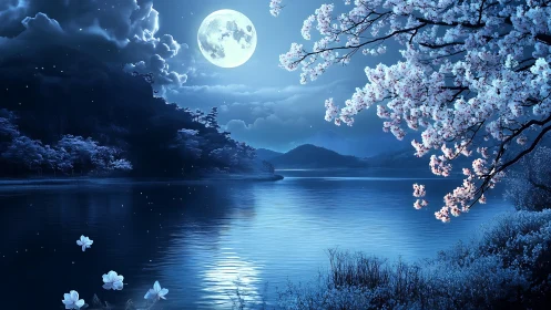 Moonlit cherry blossoms glow softly over a tranquil lake
