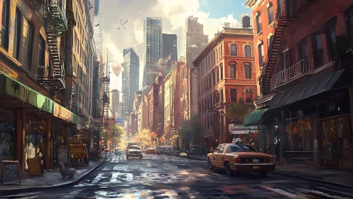 Sunlit city street unfolds between vintage shops and cabs